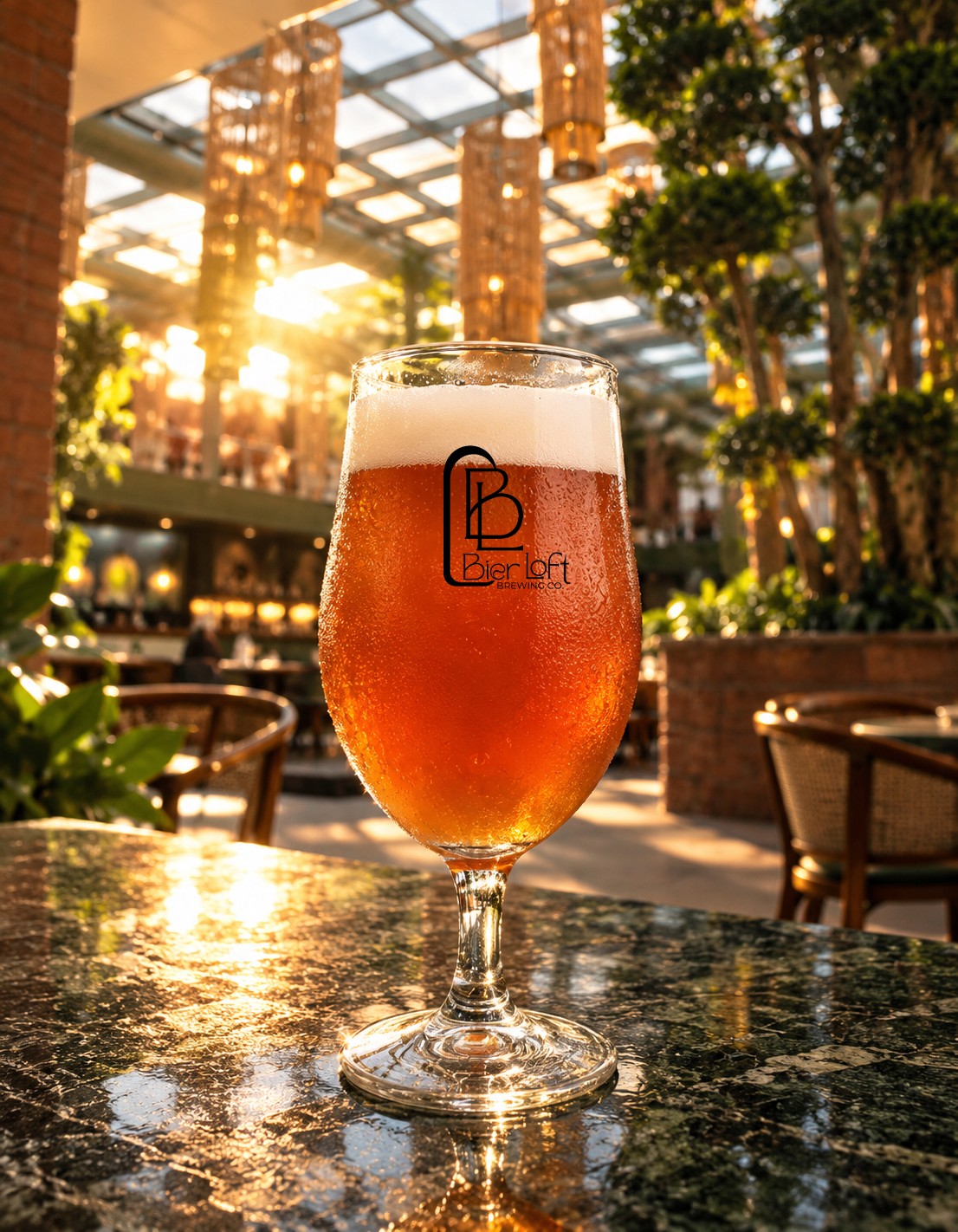 Amber craft beer in a Bier Loft branded tulip glass, brewed in-house