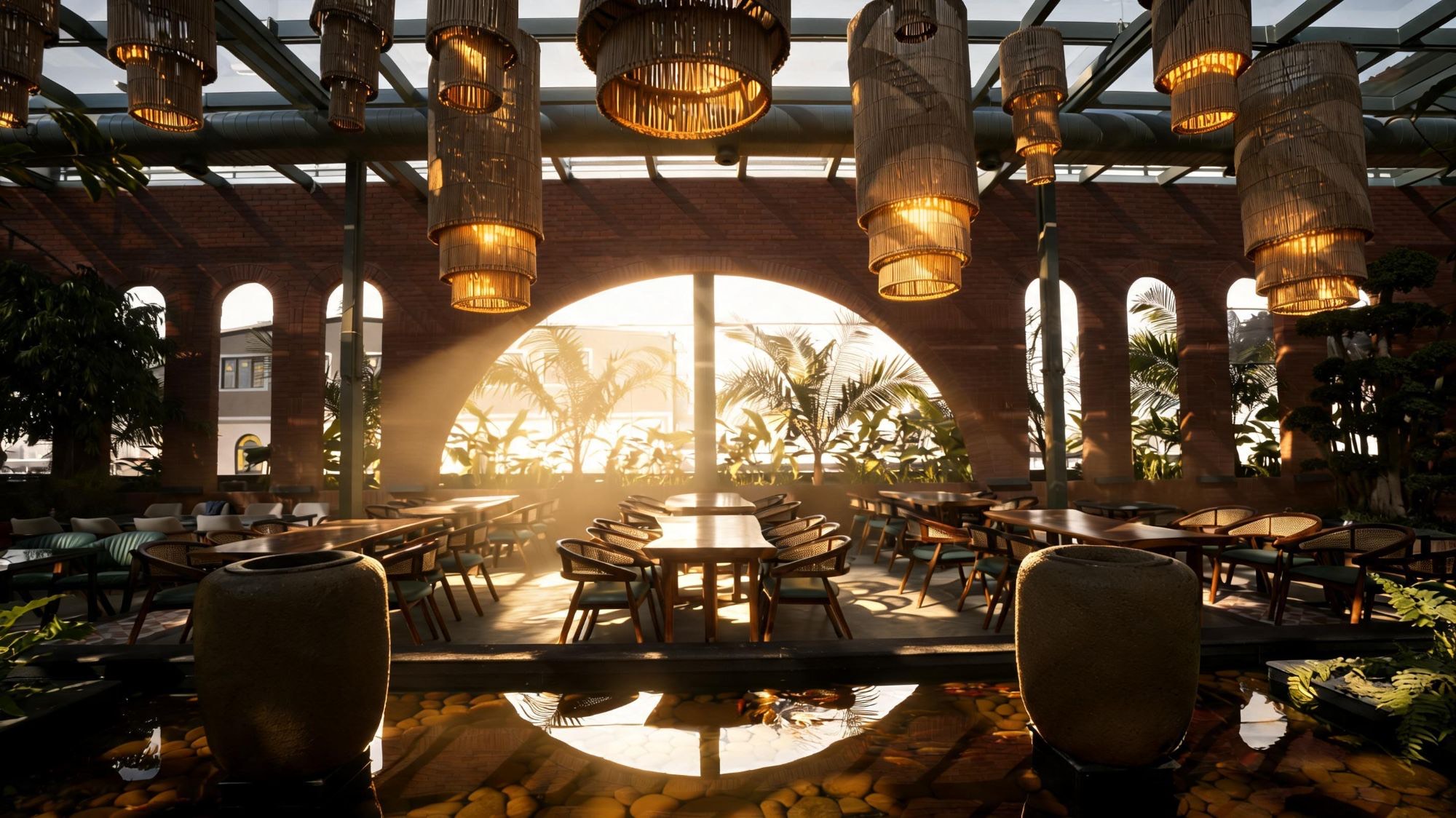 Sunlit dining room at Bier Loft with brick arches, rattan pendant lights and wooden tables